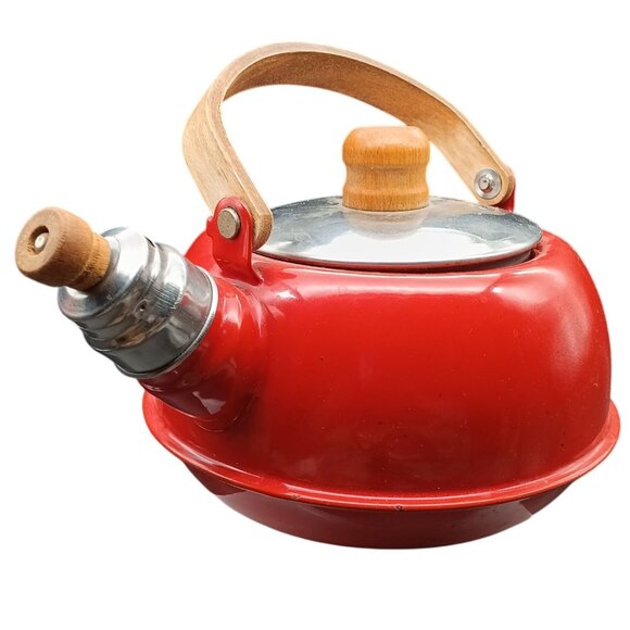 Vintage Red Enamel Tea Kettle With Wooden Handle & Lid Knob - Picture 1 of 4